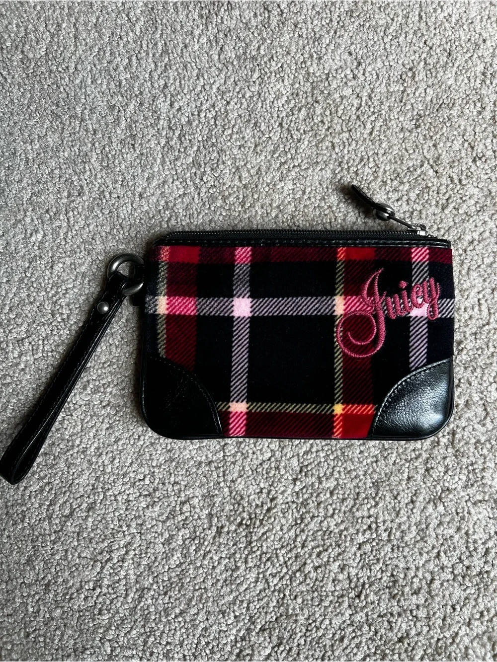 Juicy Couture Black Plaid Wristlet with Pink Embroidery
